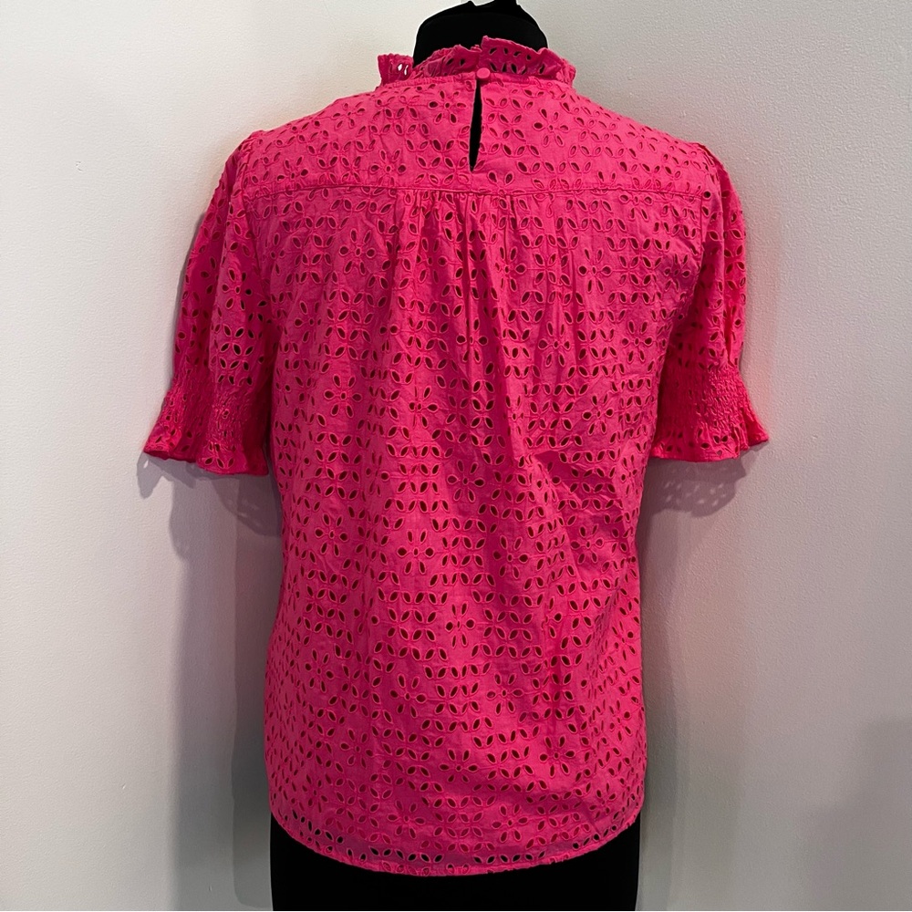 J. Crew Eyelet Top Ruffle Mock Neck Short Sleeve Blouse - Picture 4 of 8